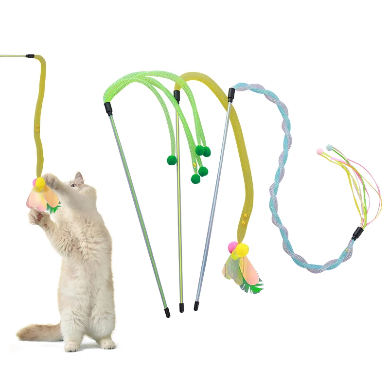 Cat toy Colorful nylon hose cat-teasing stick with built-in bell to Go Hairball interactive fun pet supplies