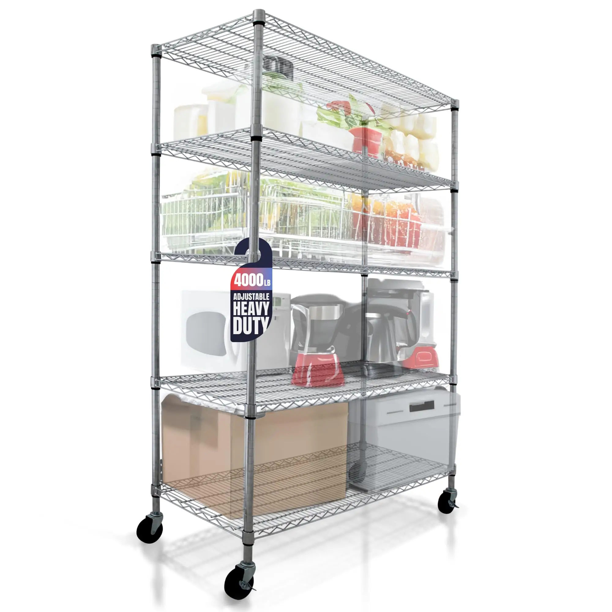 4000 LBS Heavy Duty Wire Rack, 48 x 24 x 76, 5-Tier NSF Commercial Rolling Rack with 4