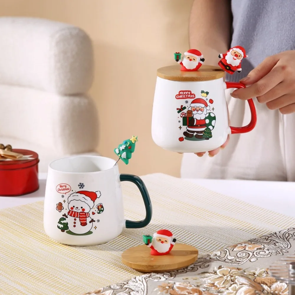 

400ml Christmas Gift Mug with Wooden Lid Spoon Merry Christmas Festive Party Santa Claus Snowman Coffee Cup for Office Home
