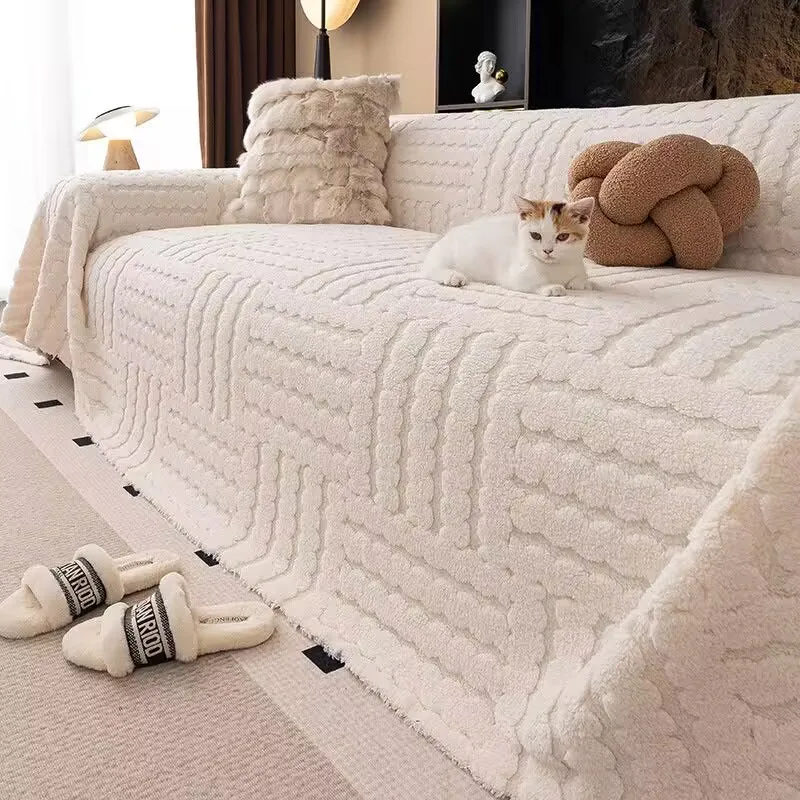Machine Washable One-Piece Full Coverage Sofa Slipcover Thickened Flannel Fleece Sofa Blanket Full Wrap Plush Velvet Sofa Cover