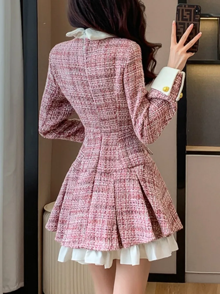 Women\'s Patchwork Single Breasted Dress French Tweed Woolen Office Dresses Fashion One Piece Femme Clothes Autumn Winter