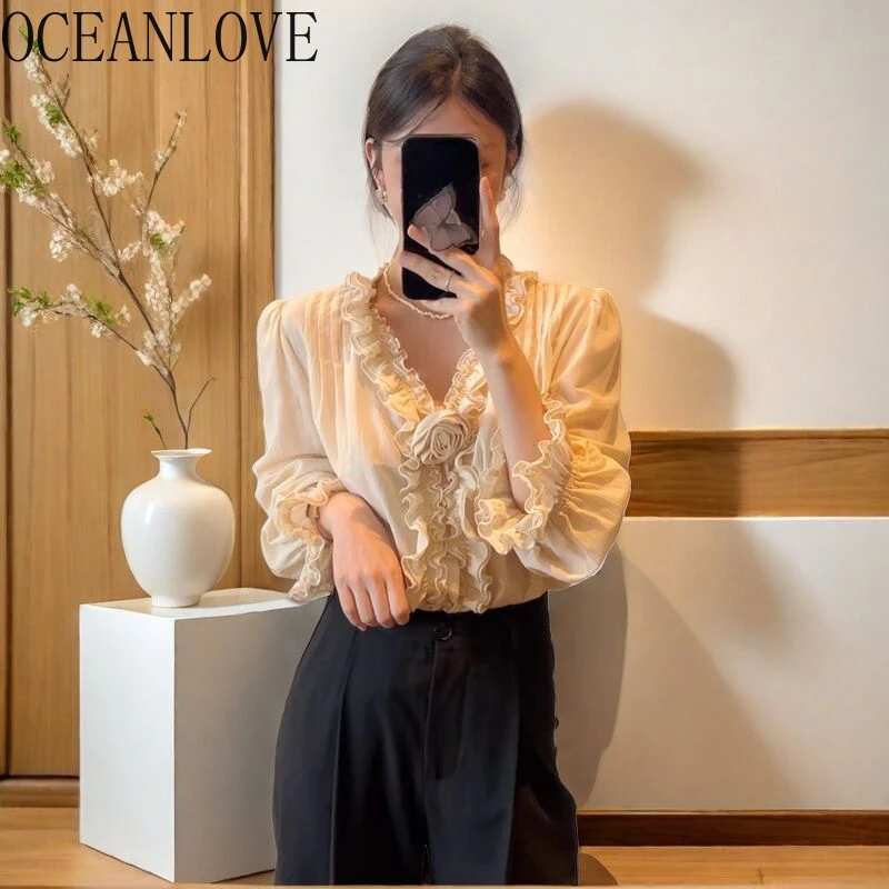 

OCEANLOVE V Neck Flowers Women Shirts&blouses Spring Autumn Embroidered Elegant Blusas Mujer Korean Fashion Retro Camisas