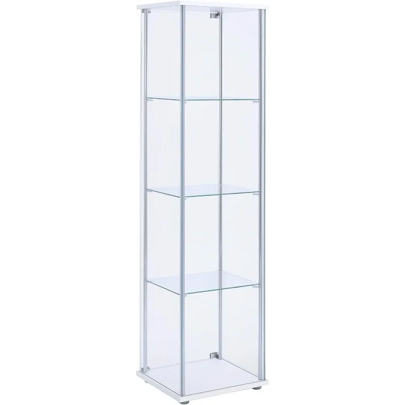 Coaster Home Furnishings Rectangular 4-Shelf Clear Curio Cabinet, 63.75" H x 14.25" W x 16.75" D, White, Chrome, 951072