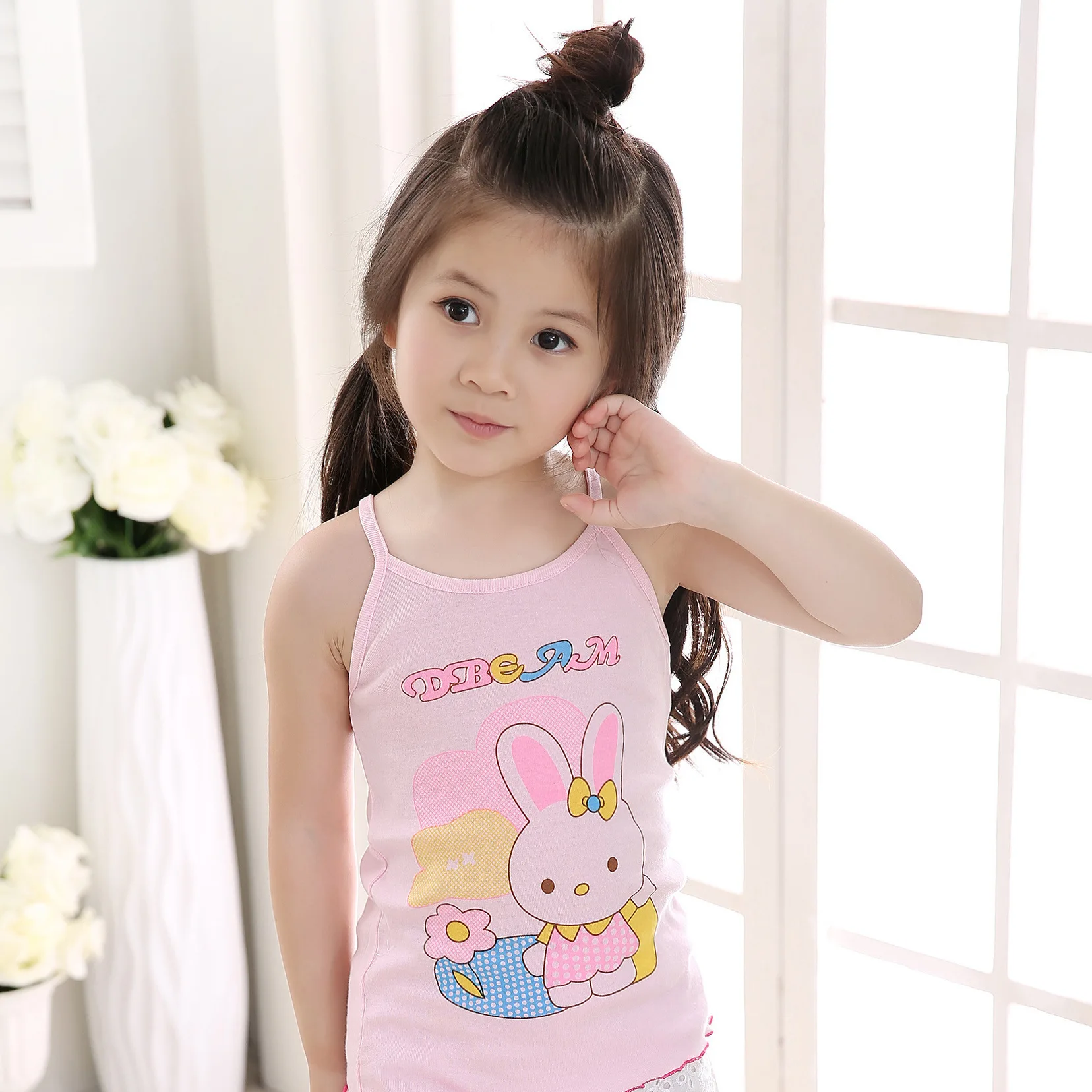 Fashion Summer 3-7 Years Children Girls Cotton  UnderShirt Sleeveless Cute Cartoon Print Vest