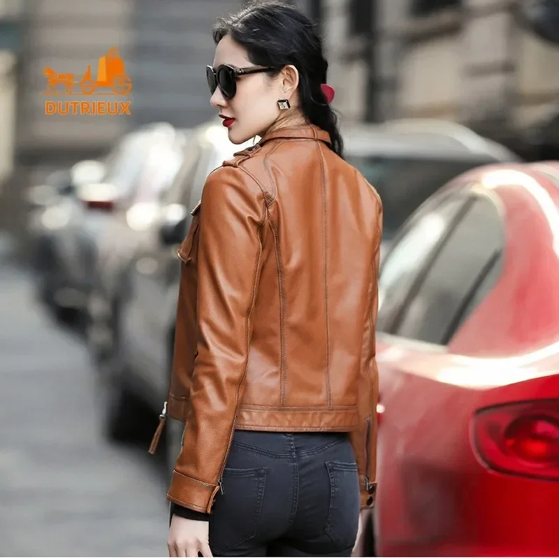 New Winter Women\'s  Leather Jacket,  High Quality Retro Temperament Sheepskin Stand Collar Short Slim Leather Work Jacket Coats