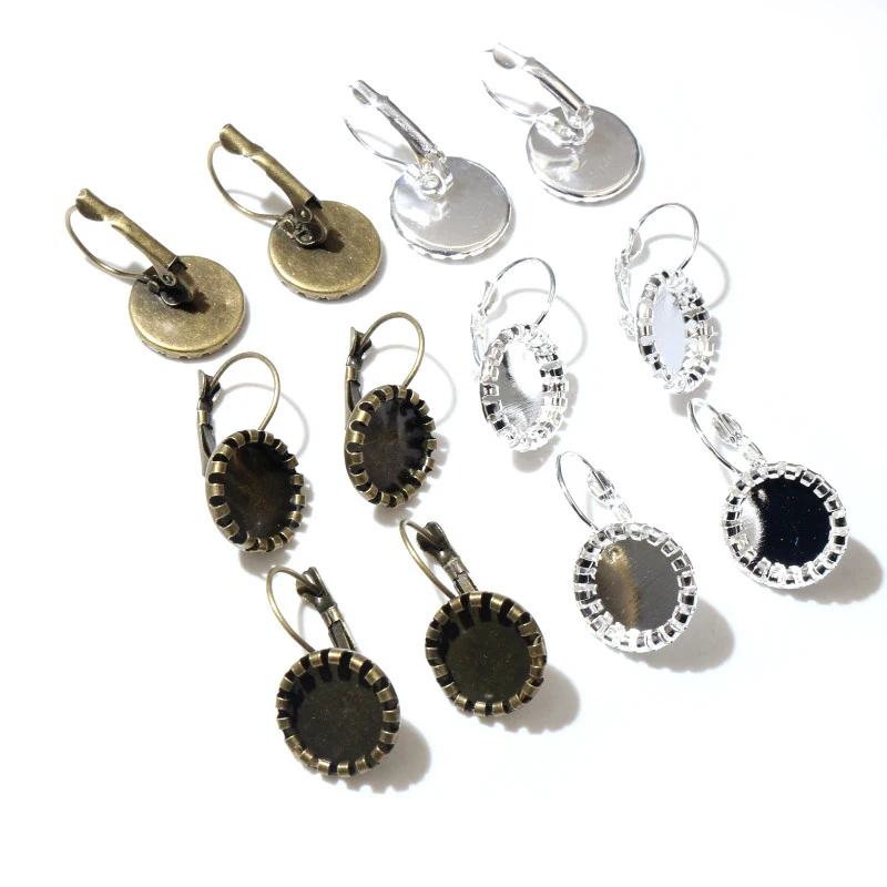 

12mm 10pcs Bronze Silver Plated French Lever Back Earrings Blank/Base,Fit 12mm Glass Cabochons,Buttons;Earring Bezels