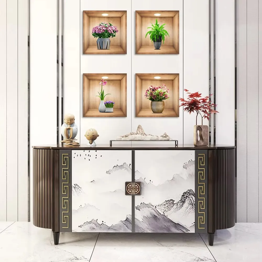 4pcs/set Simulated Plant Potted Plants Cabinet Decoration Wall Stickers Peel & Stick Waterproof PVC Frameless Wall Art Mural