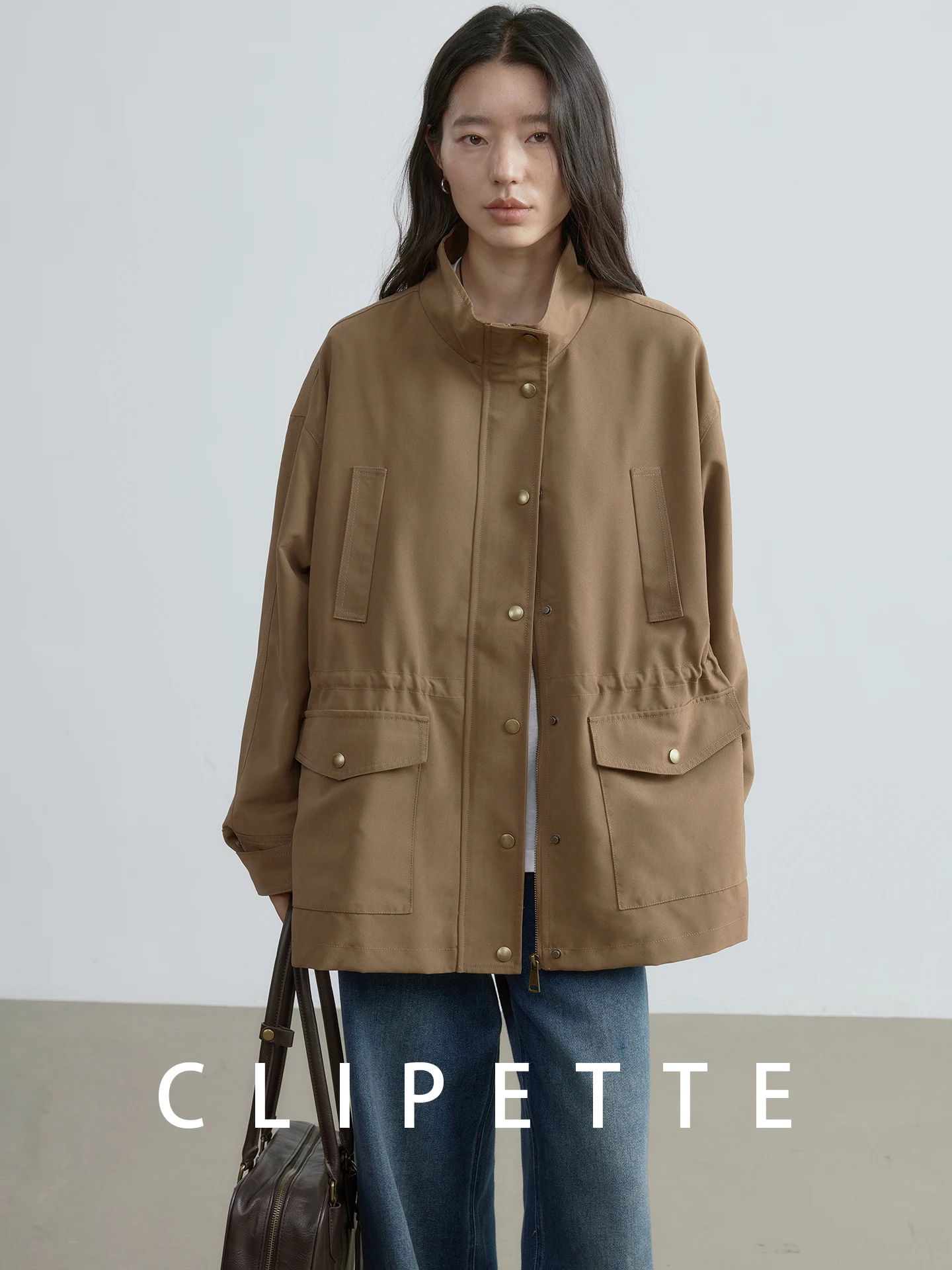 

CLIPETTE Women's Mid-Length Jacket Windbreaker Spring Autumn Stand Collar Wide Fit Waist Inward Pocket Versatile Polyester Fiber