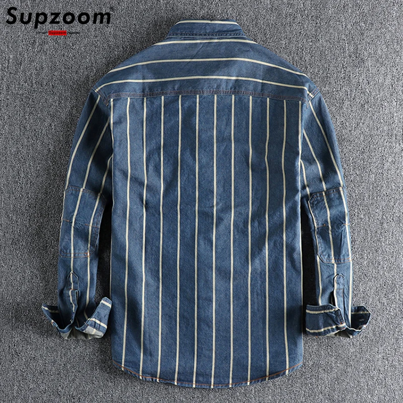 Supzoom 2022 New Arrival Top Fashion Brand Clothing Denim Full Turn-down Collar Open Stitch Striped Men Chemise Casual Shirts