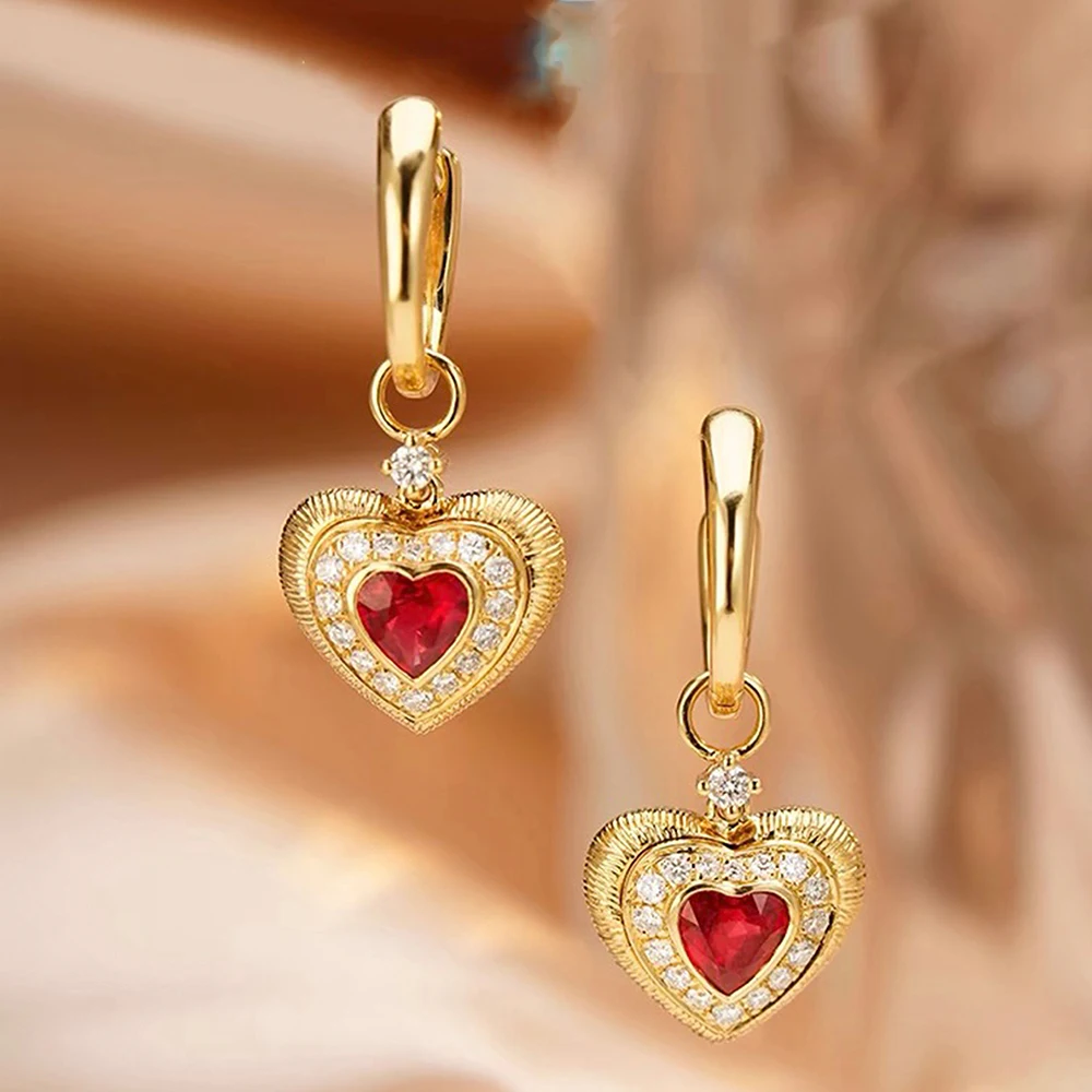 

S925 Silver Inlaid Ruby Earrings Love Heart Shaped Brushed Court Wind Earrings