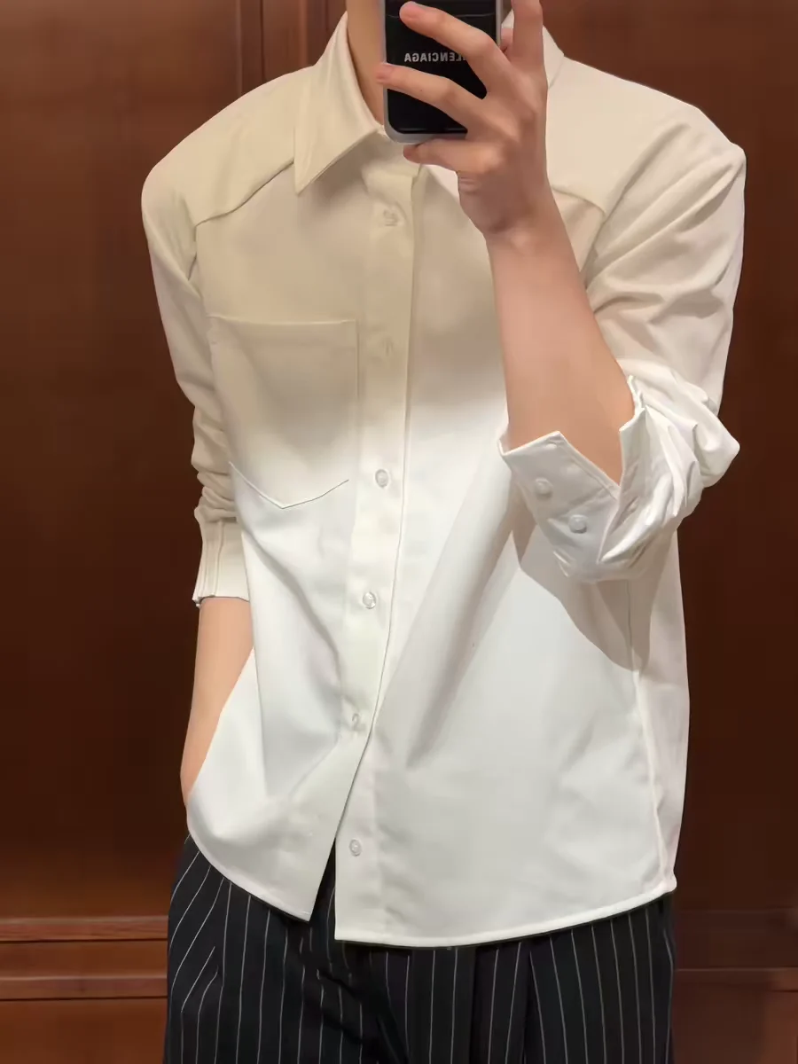 

Ele White Men's Long Sve irt with Accordion Pleats Stand Fit Casual Sle Spring Season Non-deformable Material