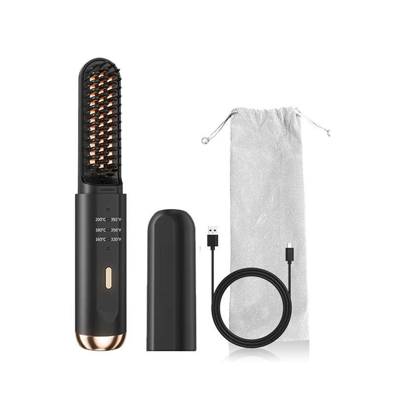 Multifunctional Cordless Hair Straightener Brush Fast Heated Straightener Brush Negative Ions Electric Hot Comb Hair (Black)