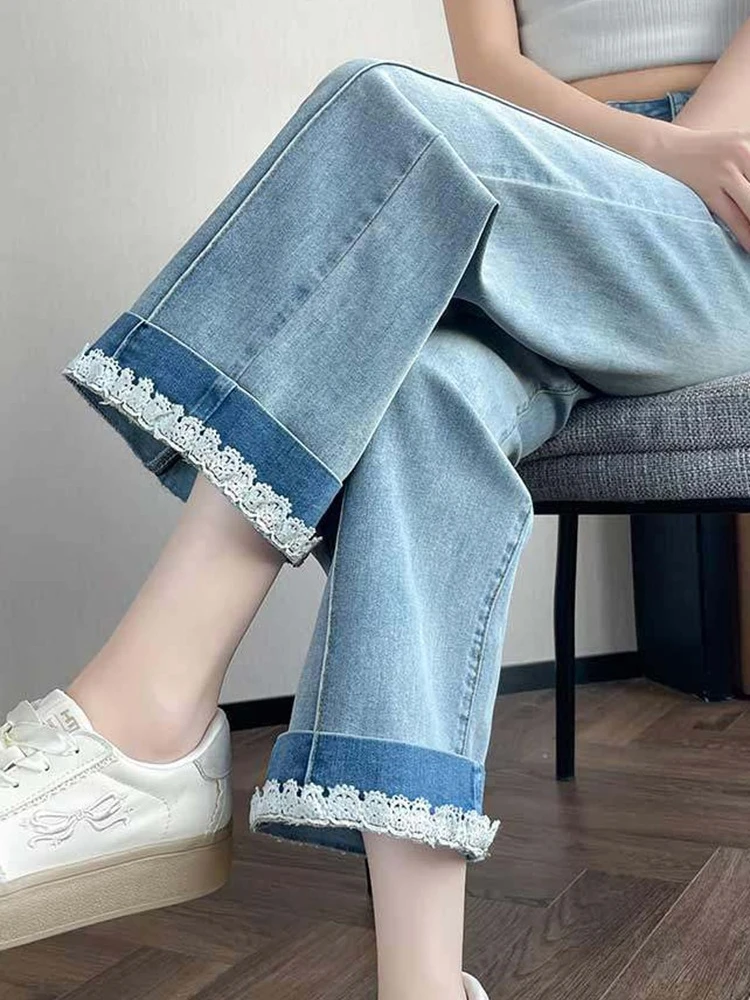 Ruffled lace straight leg jeans women nine inch wide legs new autumn high waisted narrow version cigarette tube pants