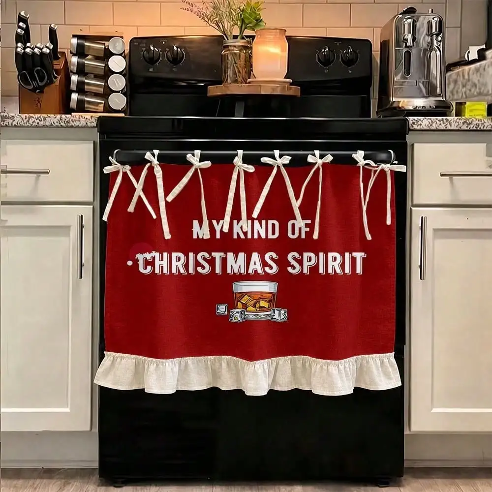 2D Christmas Spirit, Kitchen Decor, Multifunctional Oven Protective Curtain, My Kind of Christmas Spirit with Whiskey Glass Print, Fabric with Ruffled Hem and Tie Top, Holiday Home Decoration for Festive Kitchen Ambi Kitchen Apron