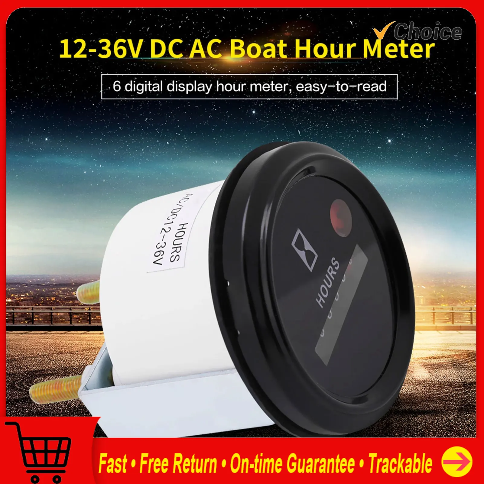 12‑36V DC AC 6 Digit Accurate Round Quartz Hour Meter Gauge Tester for Boat Car Truck Engine Hour Meter Hour Gauge Hour Tester