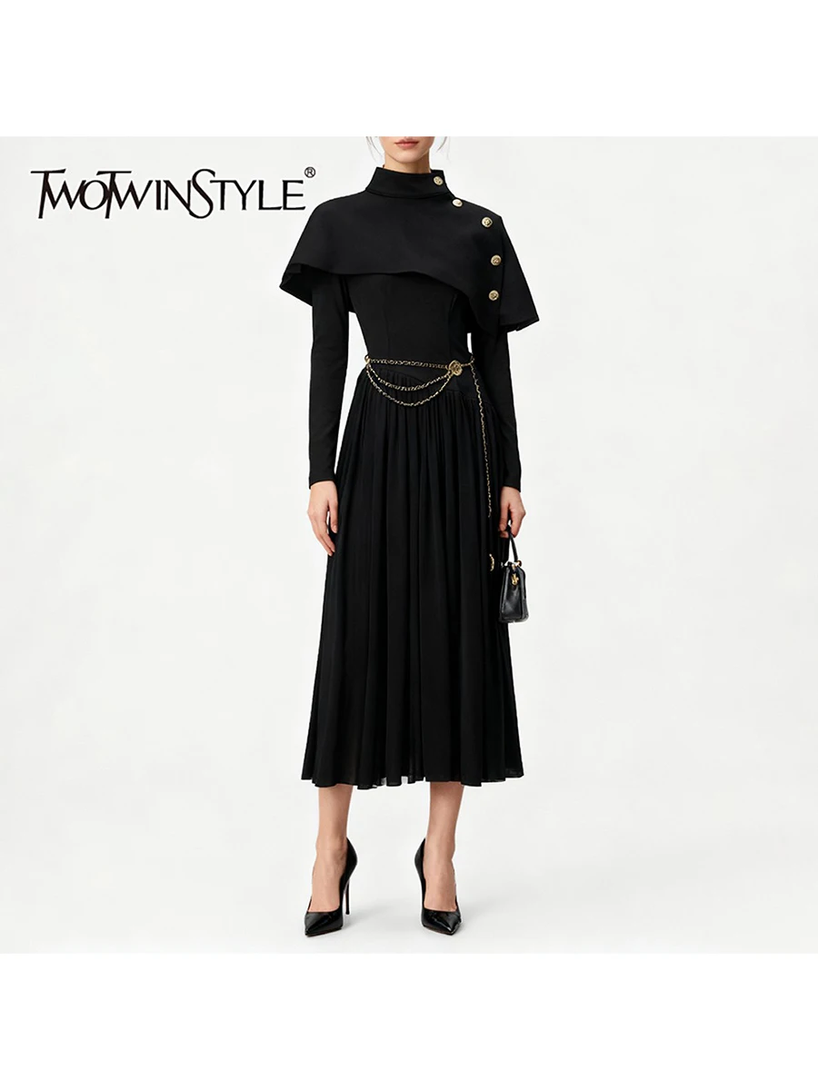 TWOTWINSTYLE الصلبة التخسيس قطعتين مجموعات للنساء س الرقبة تقسم أزرار معدنية شال الوقوف الرقبة طويلة الأكمام فستان مجموعة الإناث #1