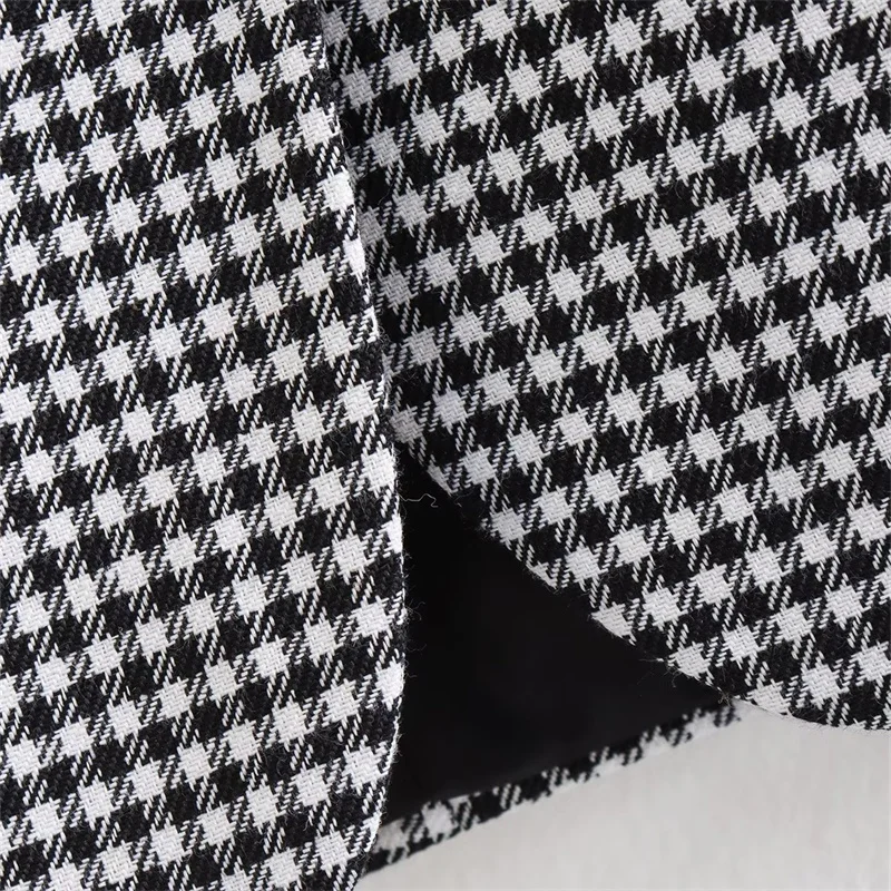 Keyanketian กระโปรง Houndstooth ของผู้หญิงใหม่ฤดูใบไม้ร่วงสไตล์วินเทจกระดุมแถวเดียวไม่สมมาตร ROK MINI ทรงเอเอวสูง