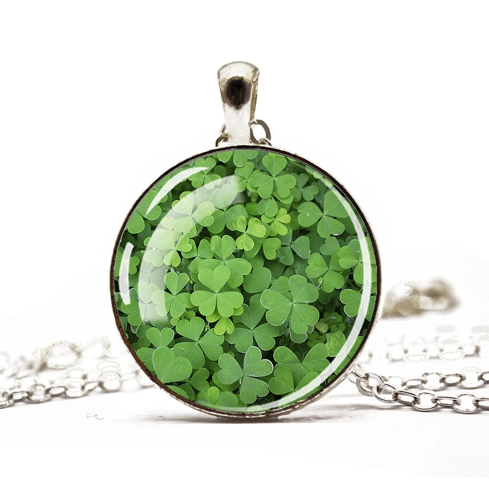 Clover Shamrock Necklaces Glass Cabochon Four Leaf Clover Pendant Chains Necklace for Women Lucky Jewelry St. Patrick Day Gifts
