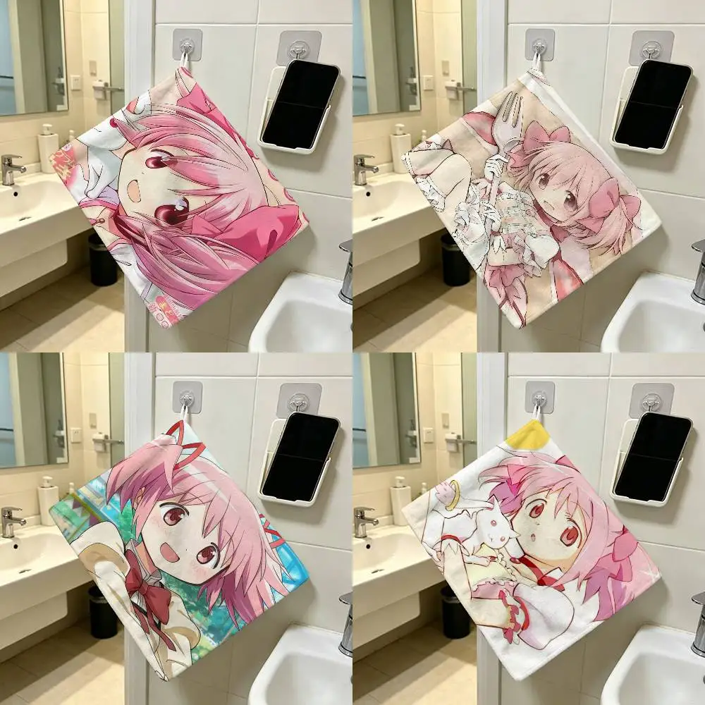 Anime Girl Puella Magi Madoka Magica Hanging Style Hand Wiping Towel Polyester Cotton Anti-fade For Indoor Kitchen Living Room