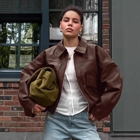 

Vintage Autumn And Winter Old Money Style Brown Leather Jacket Women's Commuter Leather Jacket Design Sense Women's Clothing