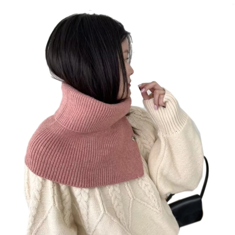 

M2EA Women Ribbed Knit Turtleneck Faux Collar Shawl Solid Detachable Asymmetrical Scarf Wrap Neck Guard Warmer with Button