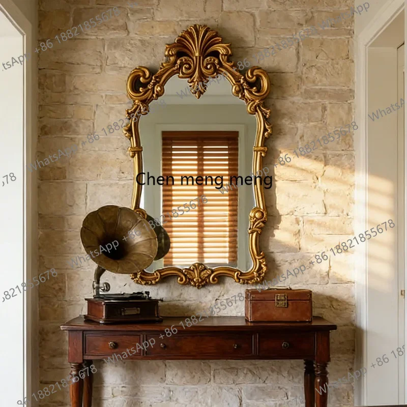 Retro home wall decoration mirror French carved light luxury makeup mirror bedroom bathroom bathroom mirror