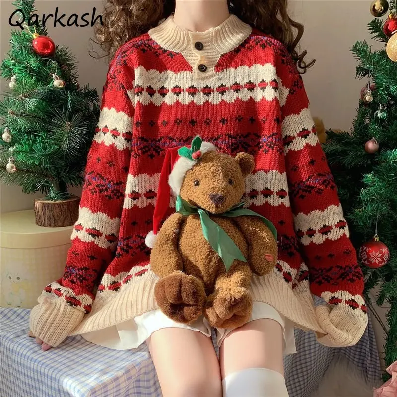 Red Christmas Sweaters Pullovers Women Loose Winter Clothes All-match Harajuku Kawaii Long Sleeve Full Femme O-neck Casual Chic