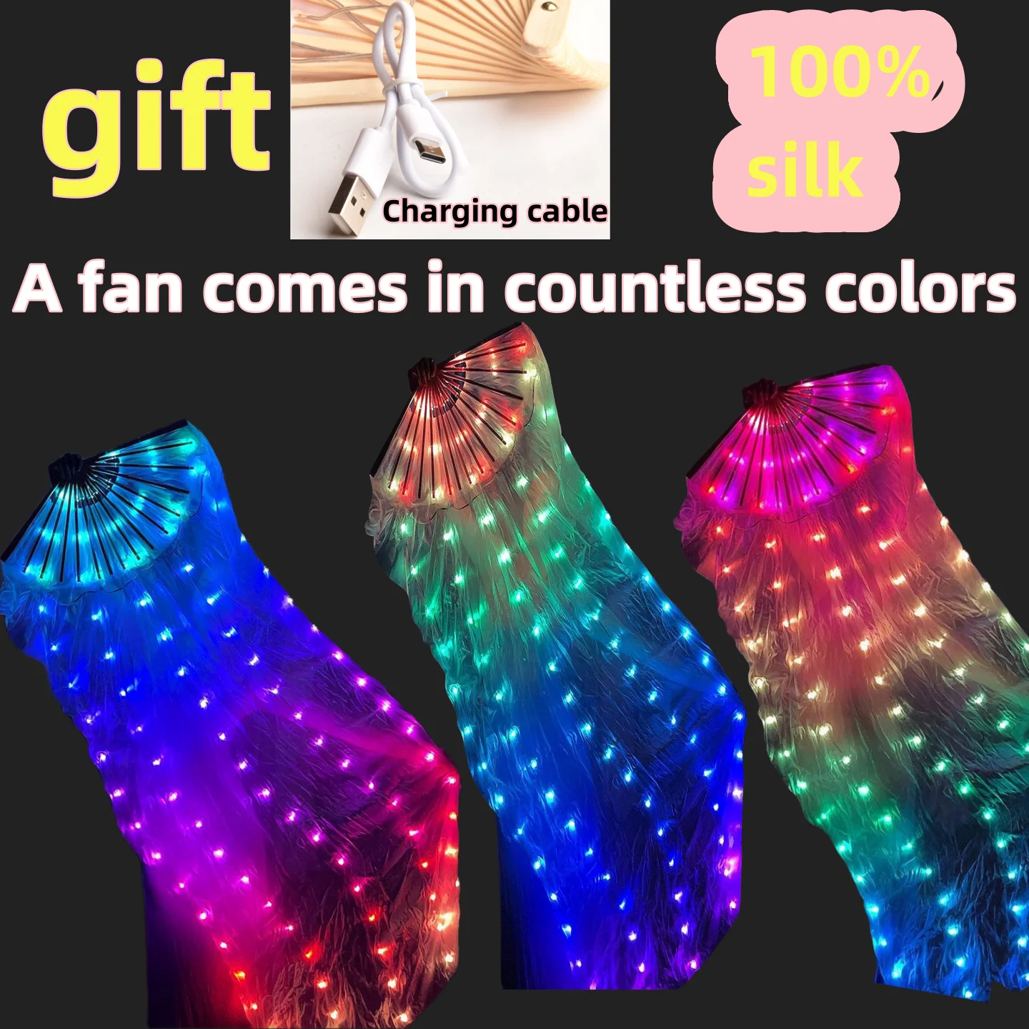 

Belly Dance Costume Accessories Stage Performance Props LED Silk Veil Fan 180cm Long Changeable Color Luminous LED Silk Fan Veil