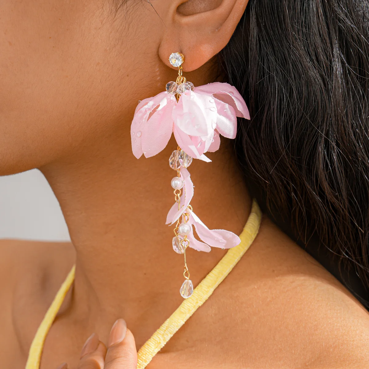 

5 Colors Cloth Flower Long Tassel Dangle Earrings for Women Water Drop Glass Beads Pendant Earring Rhinestones Jewelry Holiday