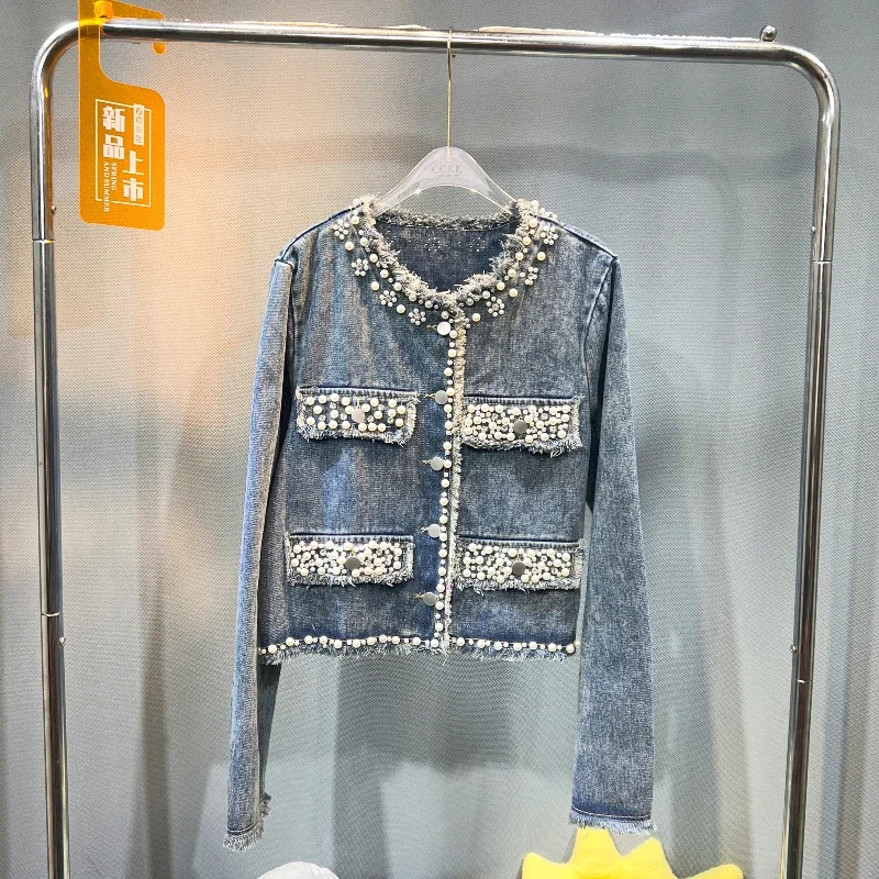 

Fashion Lady Spring Autumn Denim Jacket Pearl Beads Diamonds Elegant Cardigans Coat O-neck Tassel Single-breasted Jean Outwear