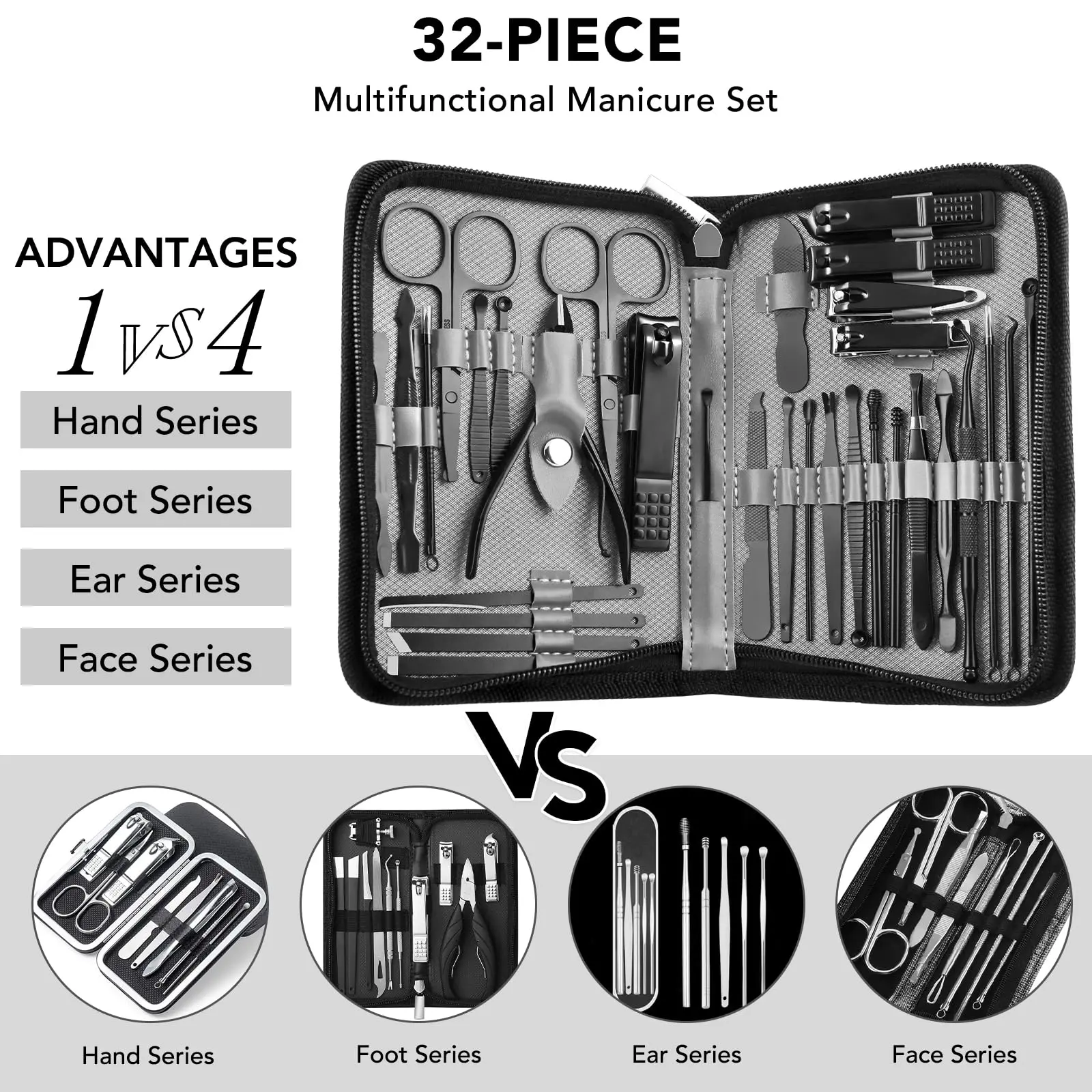 Manicure Set 32pcs Professional Nail Clippers Kit Pedicure Care Tools-Stainless Steel Grooming Tools for Travel