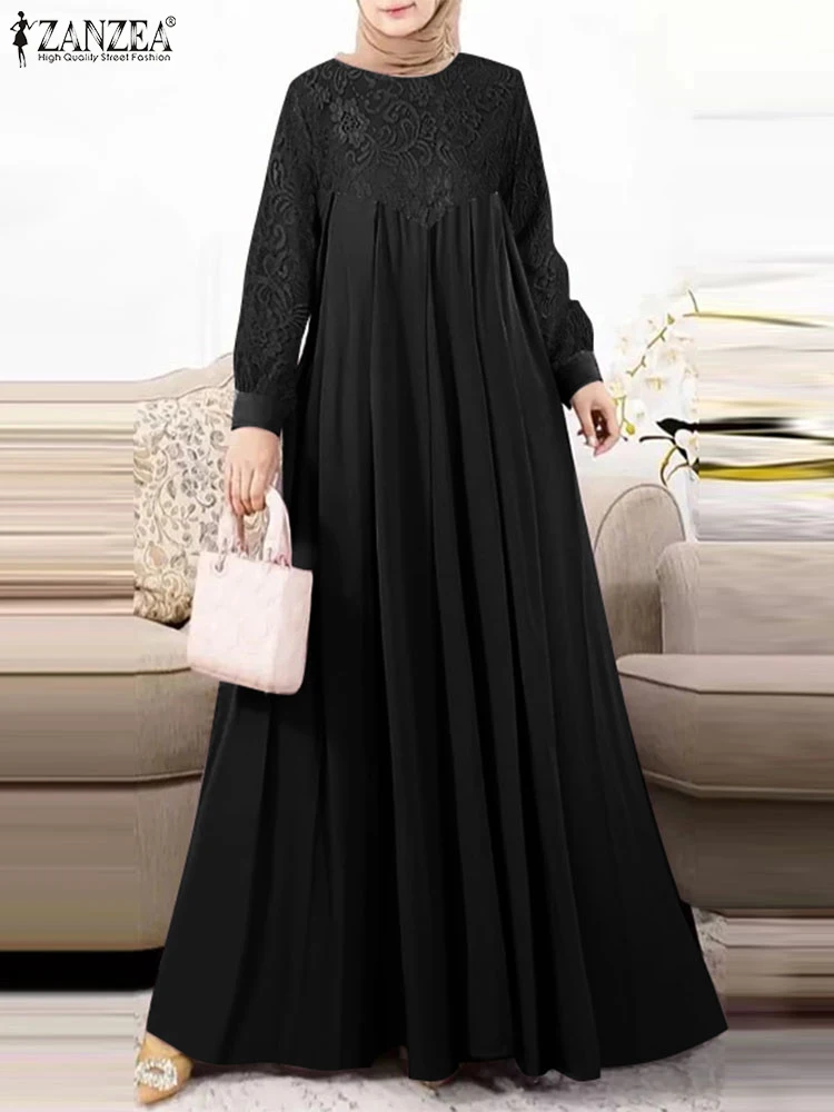 ZANZEA Women Elegant Long Sleeve Muslim Dress IsIamic Robe Femme Autumn Lace Patchwork Sundress Dubai Vestidos Eid Mubarek Abaya