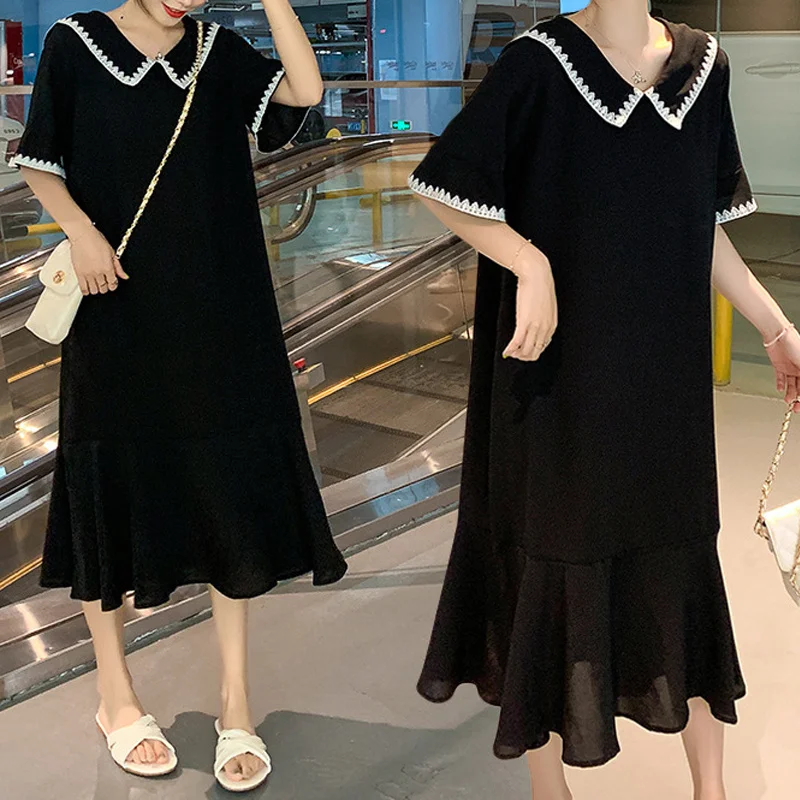 Vintage French Embroidery Peter Pan Collar Black Chic Dresses for Women 2022 Summer Casual Short Sleeve Loose Midi Dress Vestido