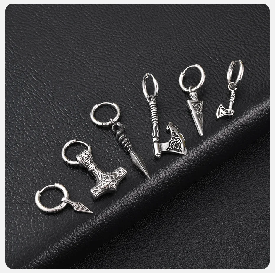 Vnox Wikinger-Axt-Speer-Ohrhänger für Männer, Keltischer Knoten Edelstahl Punk-Creolen, Vintage Nordische Amulett-Schmuck Geschenk – Detail 5