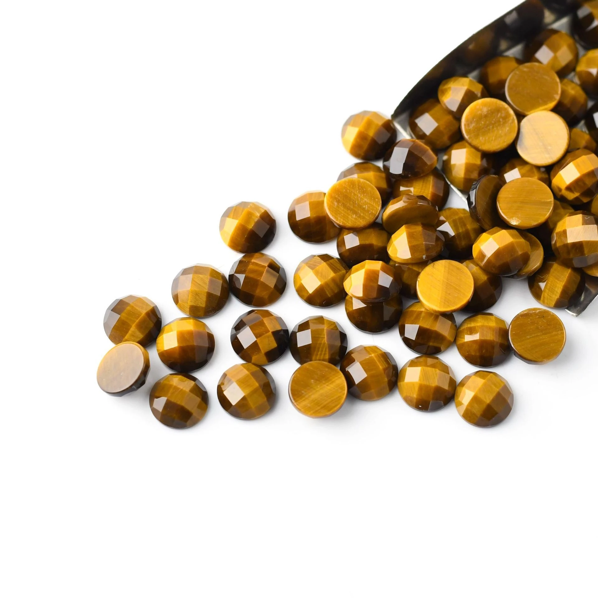 

Natural Tiger's Eye 10mm Round Faceted Cut Flat Bottom Stone