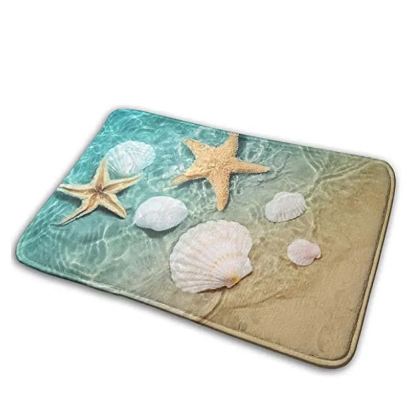 Seashell Beach Starfish Scallop Print Non Slip Bath Mat, Machine Washable Front Door Mat Water Absorbent Small Flannel Bathroom