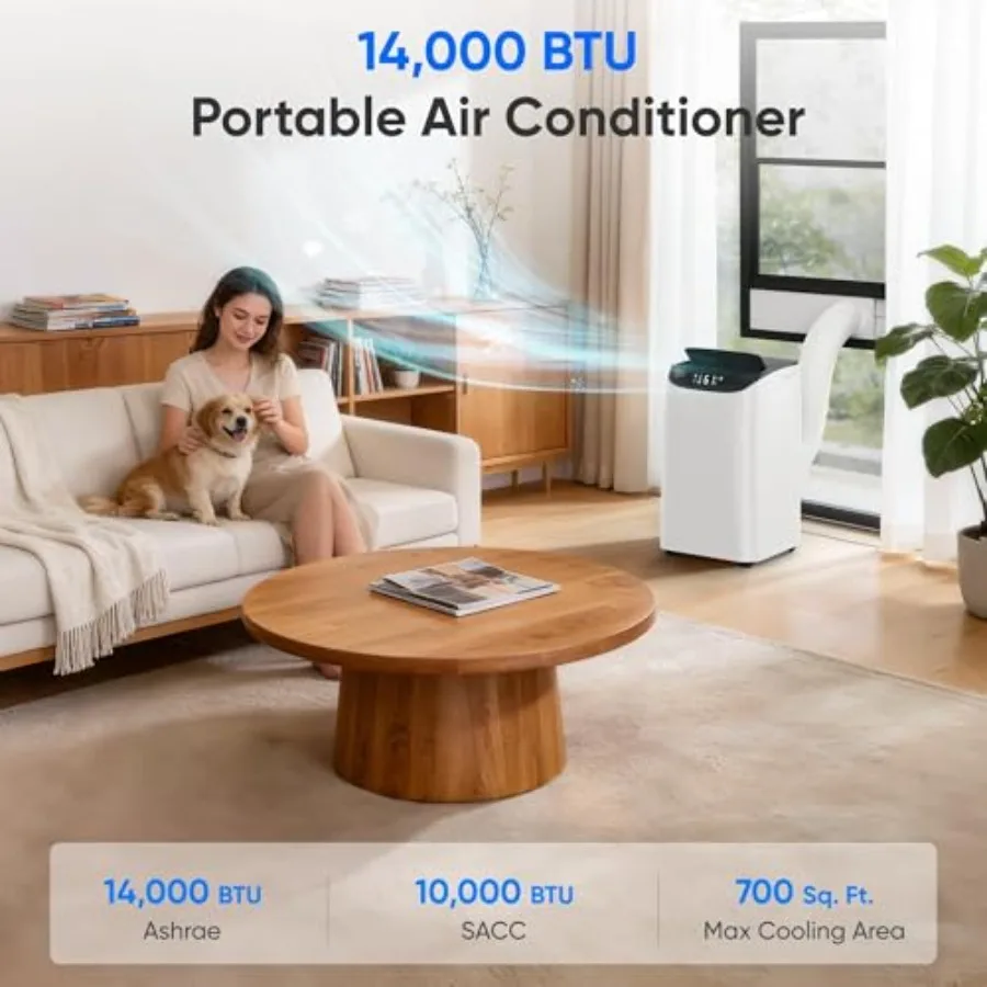 Portable air conditioner for large rooms up to 700 sq.ft, aluminum housing, white, 14000 BTU cooling with fan, dehumidification
