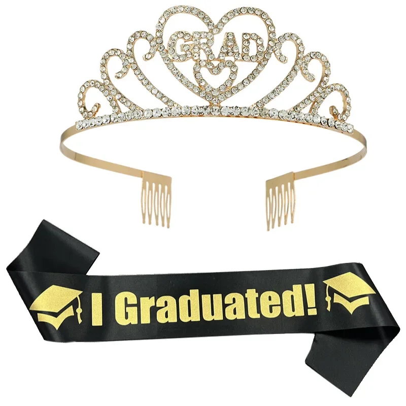 Graduation Party Crown Straps Set of 2 Hair Hoop Alloy Rhinestone Letter Headband Ceremonial Belt Diadem Girls Accessories Bands