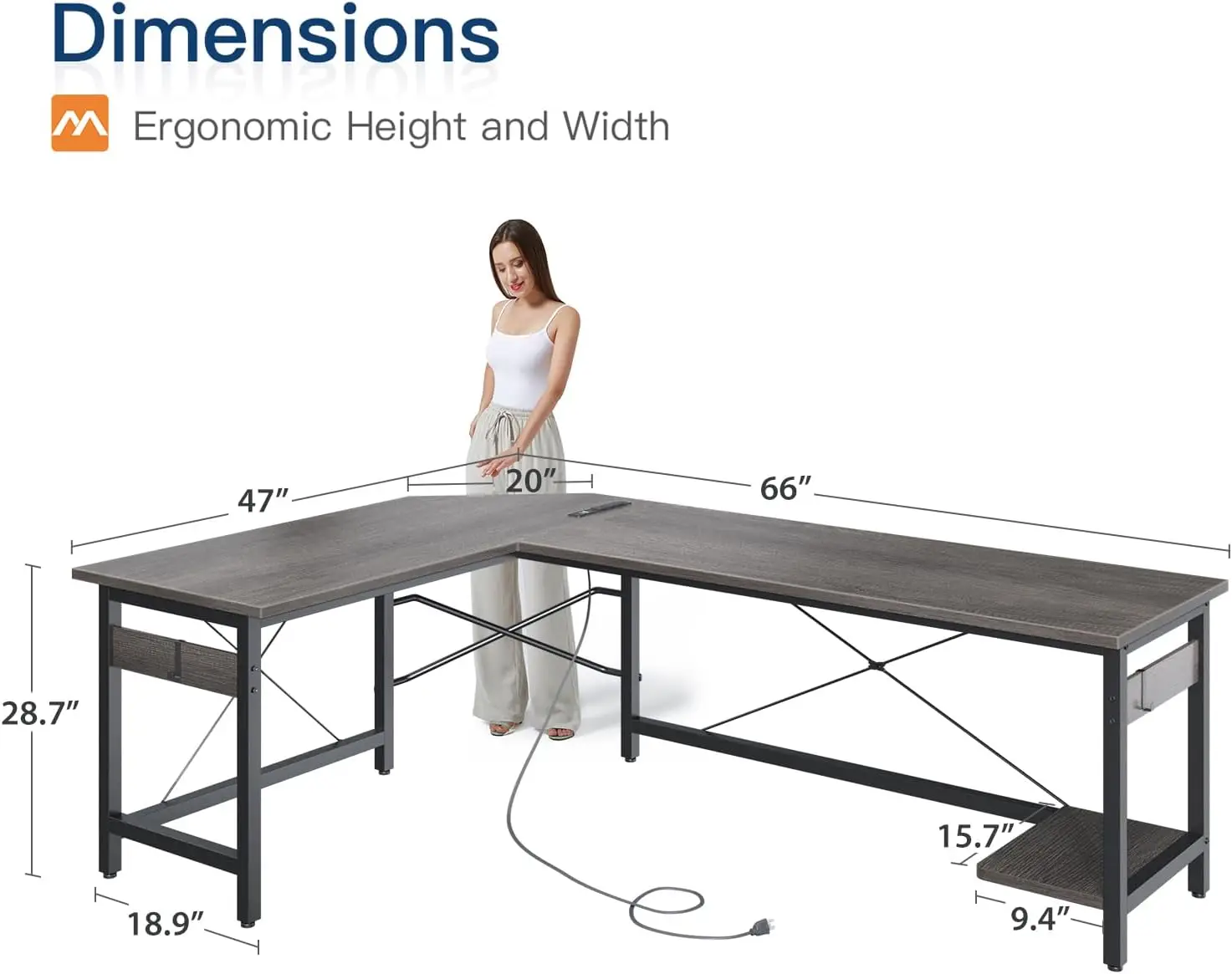 مكتب ألعاب على شكل حرف L مقاس 66 بوصة مع مخرج، مكتب على شكل حرف L مع حامل وحدة المعالجة المركزية، مكتب كمبيوتر زاوية، مكتب مكتب منزلي، مكتب كتابة، رمادي O