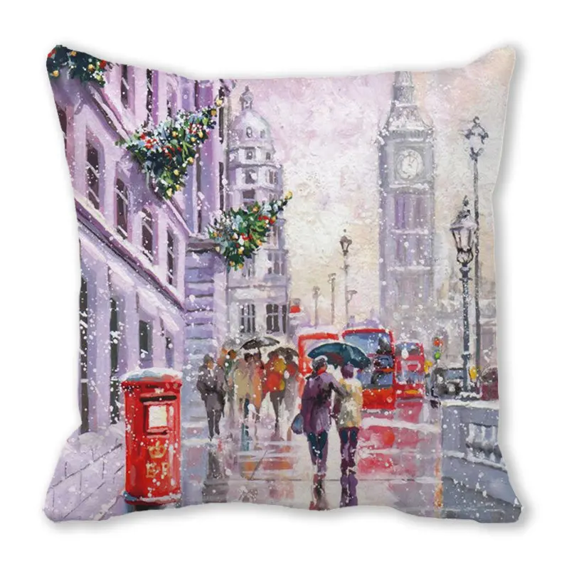 Merry Christmas Snow Scenes Elderly Man Elk Print Cushion Cover Home Living Room Sofa Decoration Pillow 