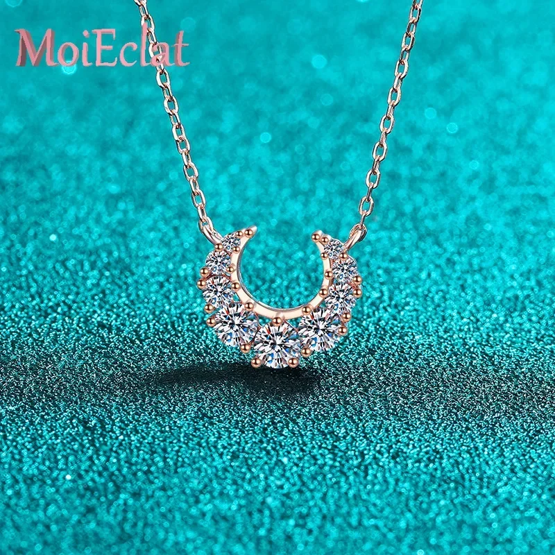 0.66ct Moissanite Champagne Gold Crescent Type Pendant for Women, Sweet 18K White Gold Smile Shaped Clavicle Chain Jewelry