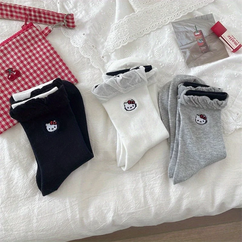 

Носки Hello Kitty с рюшами и оборками, хлопковые носки для девочек, милые мультяшные носки до щиколотки с вышивкой в виде банта