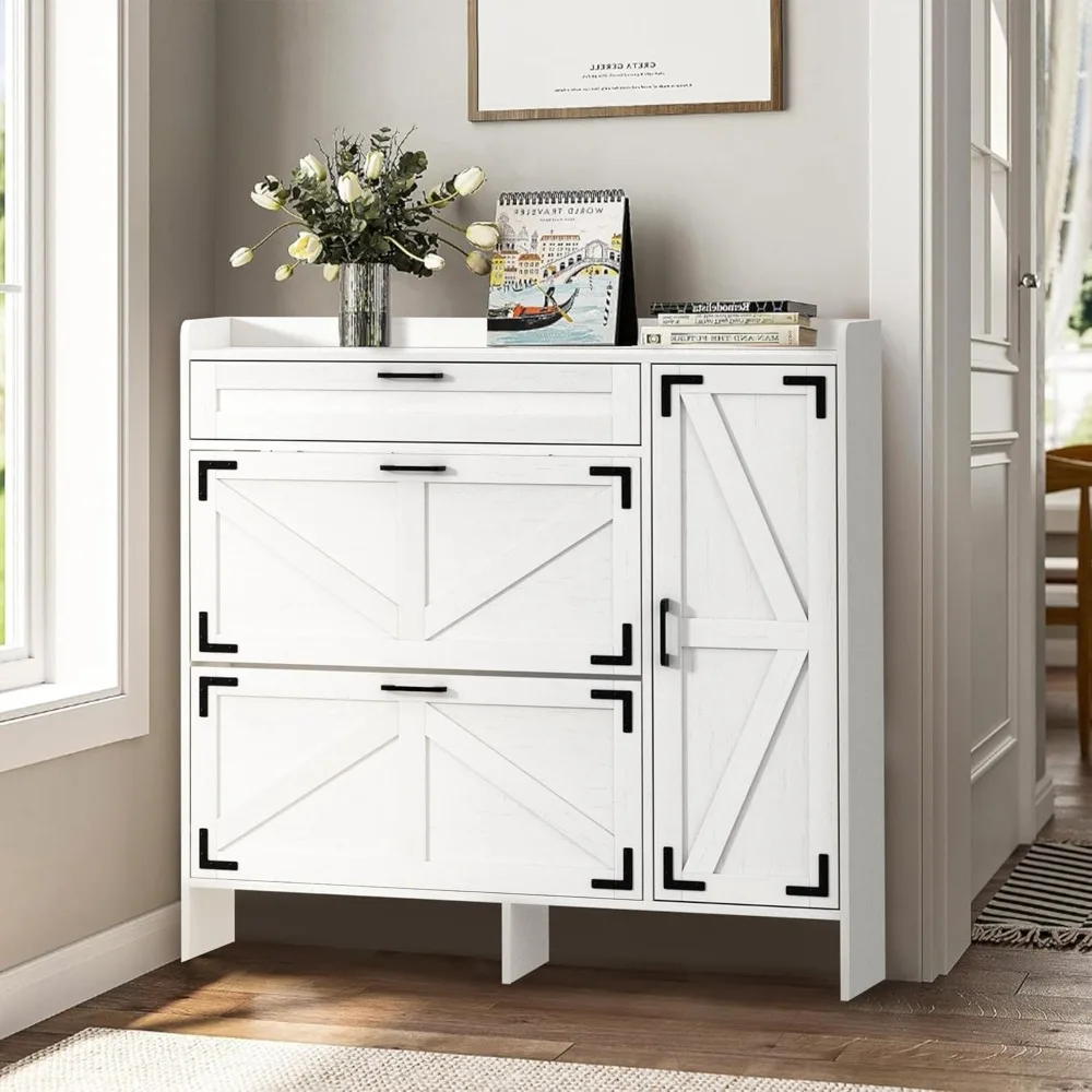 

Hidden shoe rack with 2 flip drawers and side doors, barn door design, ultra-thin shoe cabinet, farmhouse independent shoes