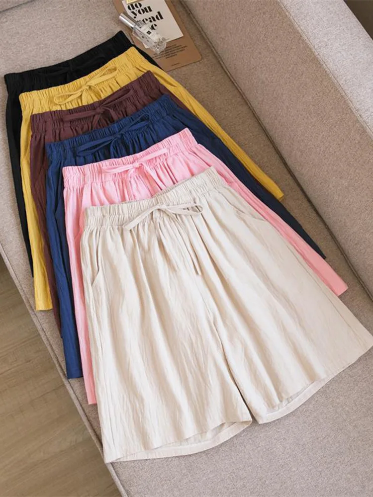 2024 Women Cotton shorts Summer Casual Solid Cotton Linen shorts high waist loose shorts for girls Soft Cool female shorts