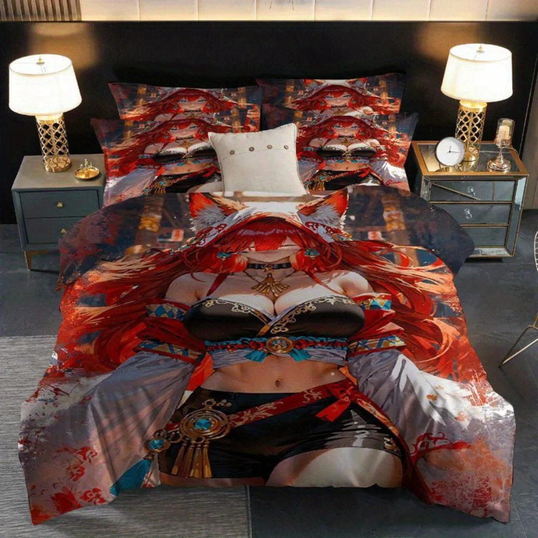 طقم غطاء لحاف مطبوع عليه رسوم متحركة Firefox Girl مكون من 2/3 قطعة، مجموعة غطاء لحاف تحتوي على غطاء لحاف وغطاء وسادة - مثالي لغرفة النوم،