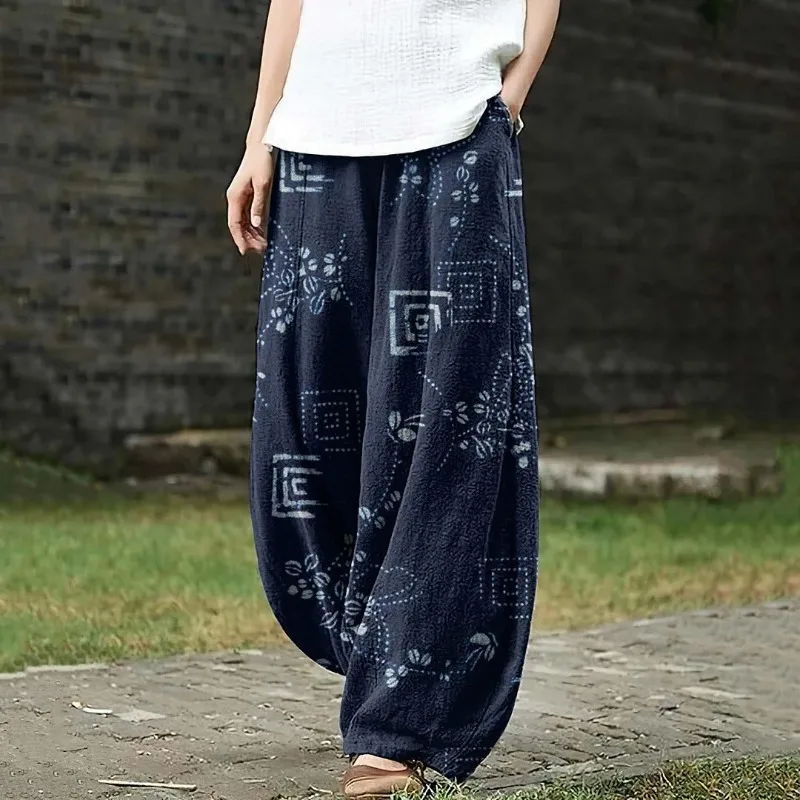 Retro Ukiyo-e Line Wave Sea Turtle Japanese Art Print Casual Pants Harajuku Lantern Trousers Women's Boho Wide Leg Pants