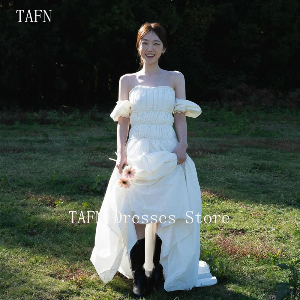 

TAFN Korea Wedding Dresses Strapless Pleat A-line Sweep Train Bridal Gown Detachable Sleeves Custom Made Photo Shoot Gown