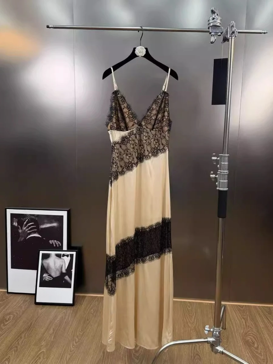 CHICEVER 솔리드 스플라이스 레이스 섹시 드레스 여성용 브이넥 민소매 슬림핏 아메리칸 레트로 여성 드레스 여름 패션 스타일 신상