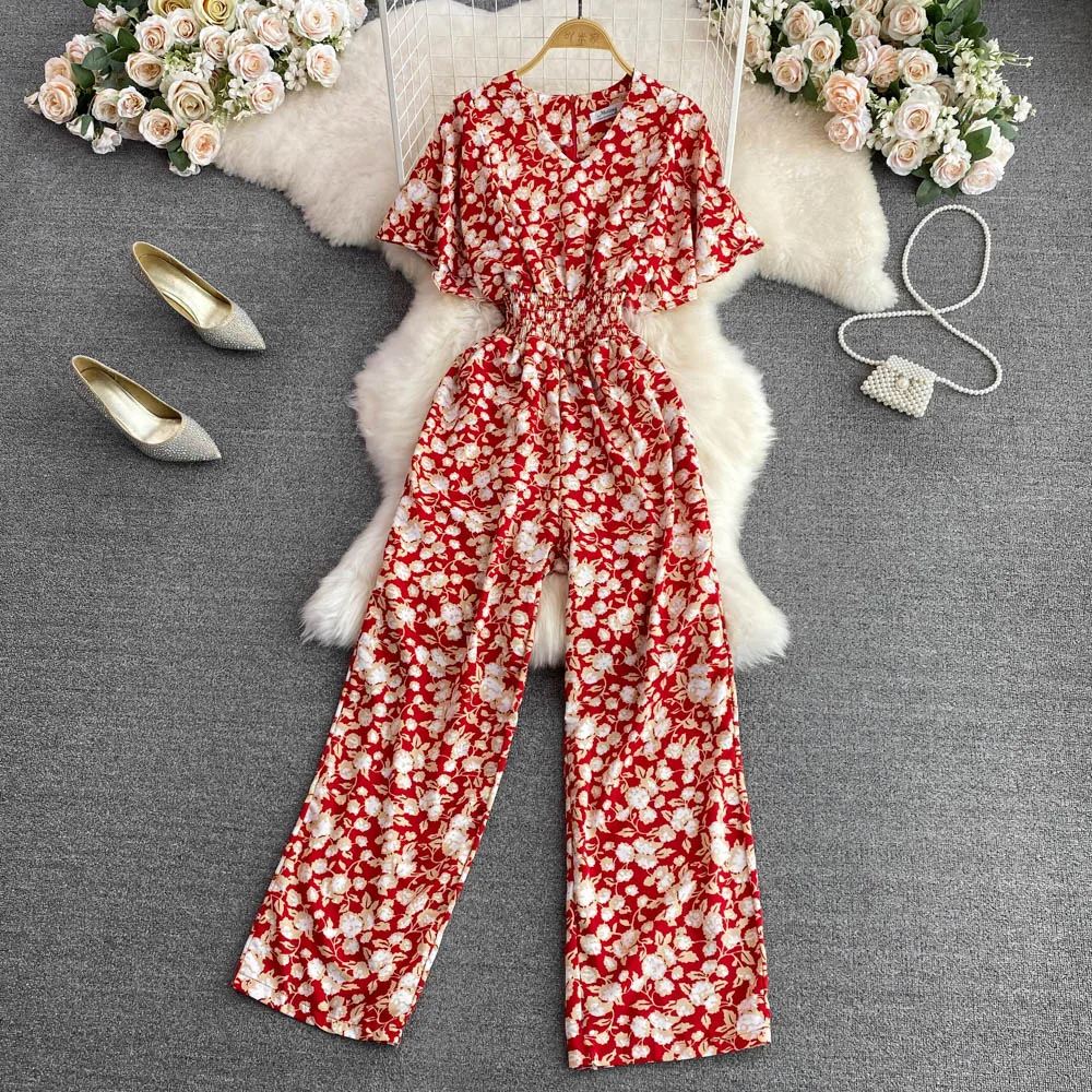 Elegant Chiffon Floral Jumpsuit V-Neck Rompers Playsuits High Waist Straight Pants One Piece Outfits Women\'s Clothing Summer