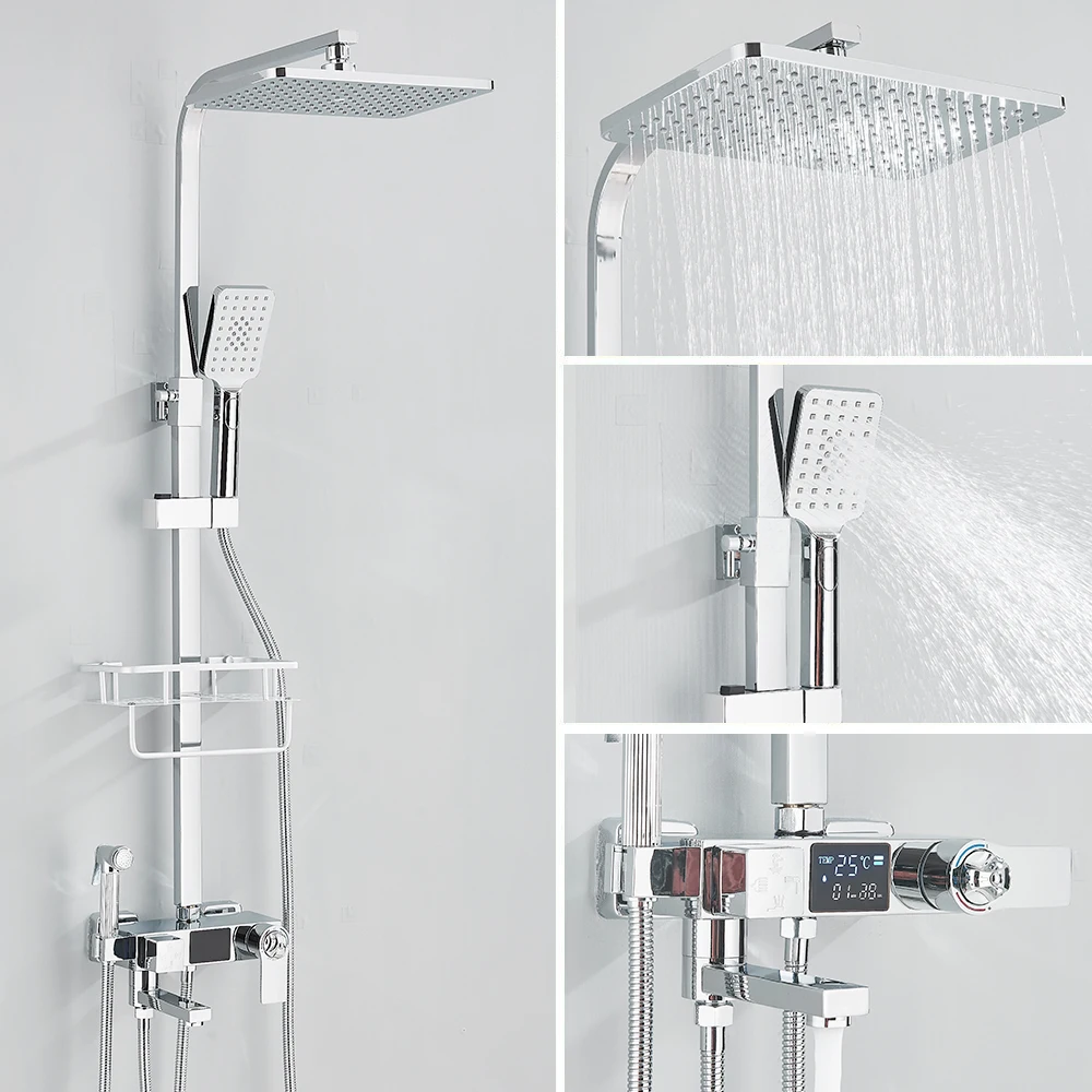 Zwart Digitaal Display Thermostatische Douchekranen Regendouche Thermostatische 4-weg Mengkraan Commodity Plank Bidet Kraan Douche